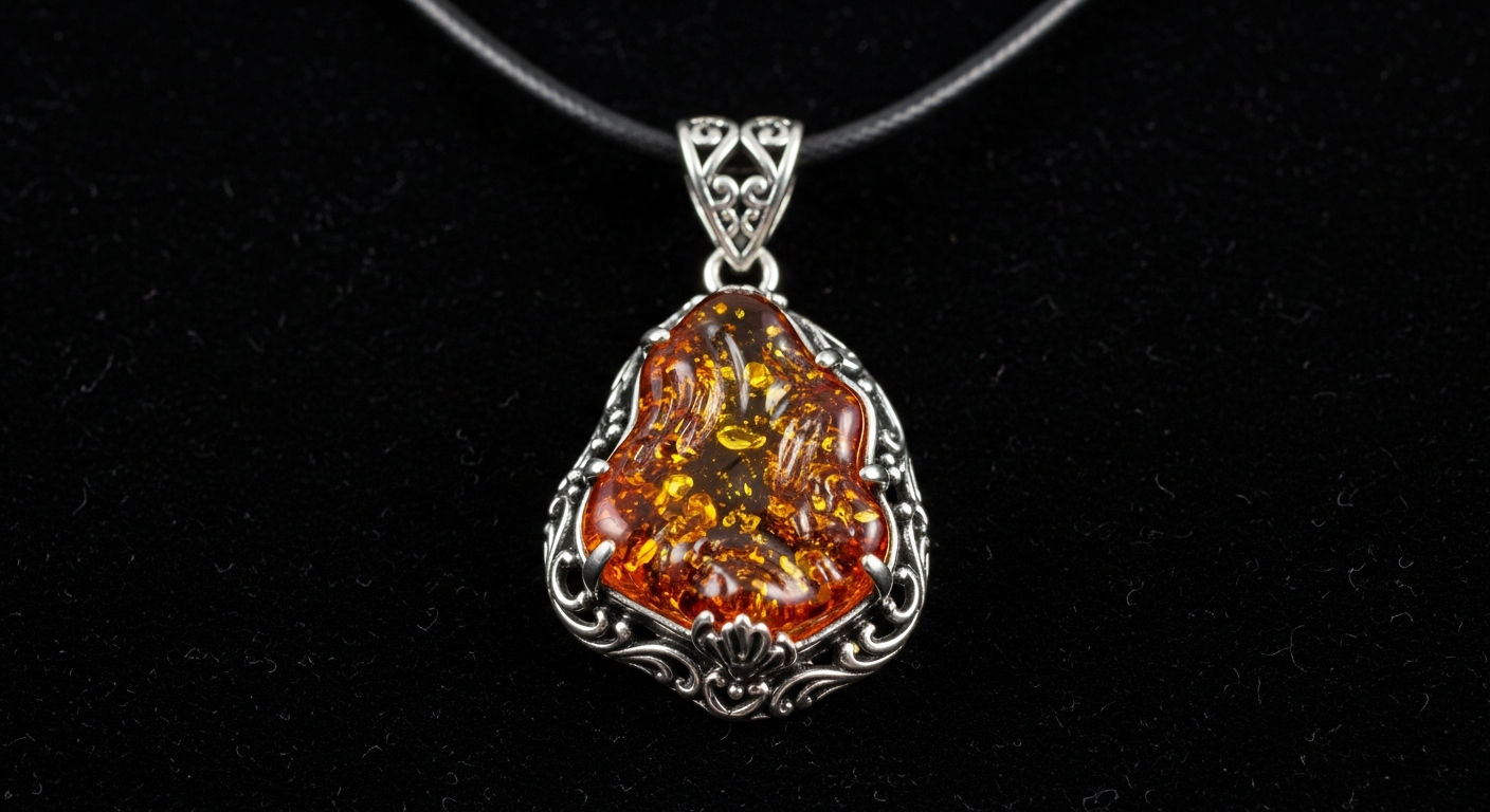 Pendentif ambre baroque unique serti d'argent 925 avec forme organique naturelle