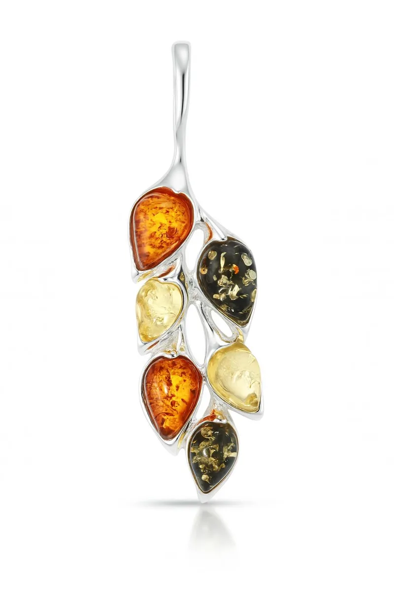 Pendentif Argent Feuilles Ambre tricolore
